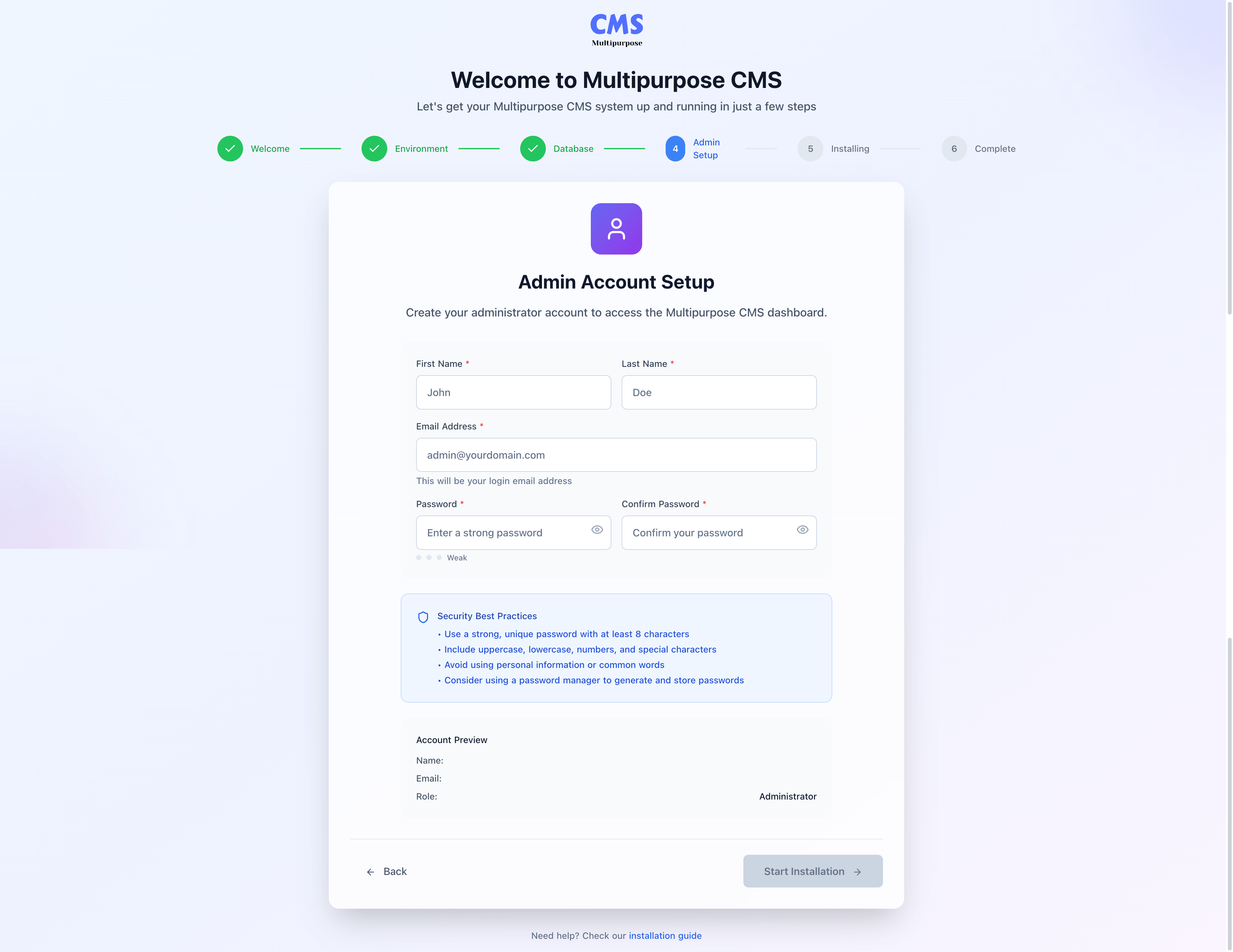 Admin Account Setup Screen